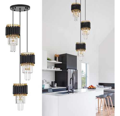 Faibra Lampara Colgante De Cristal Negro De 3 Luces, Mini La