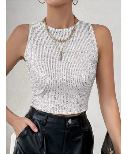 Camiseta Sin Mangas Con Lentejuelas De Moda For Mujer