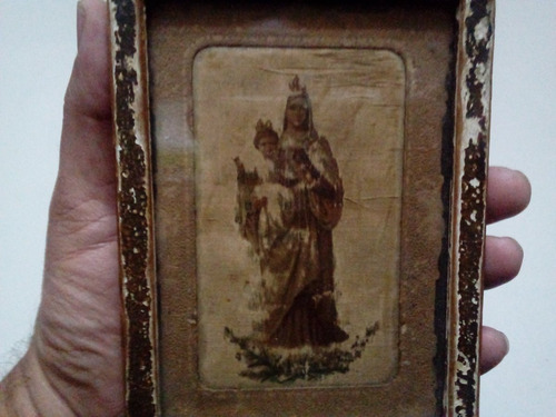 Pequeño Cuadro Antiguo Virgen Del Carmen Sobre Seda