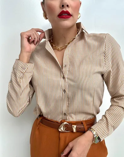 Camisa Social Listrada Botão Gola Manga Longa Tendência
