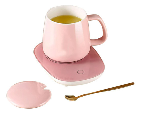 Taza Cerámica Y Base Calentadora Usb 450 Ml Rosa Y Bombón