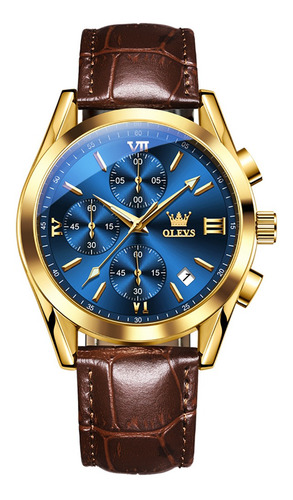 Reloj Olevs para hombre, impermeable, clásico, de piel, casual, con fondo dorado y azul