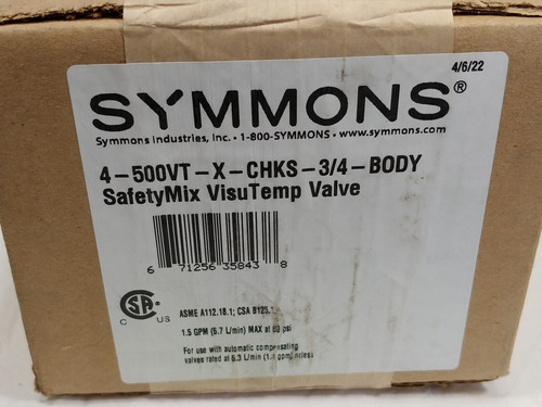 Symmons 4-500vt-x-chks-3/4-body Safetymix / Visu-temp Va Cch