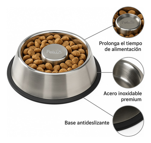 Plato Acero Inoxidable para Alimentación Lenta Para Perros Antiahogo Color Unico