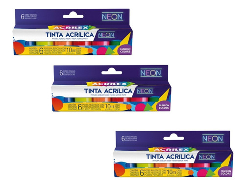 Kit 3 Tinta Acrílica Neon 6 Cores Pintura Artística Acrilex Cor Variada