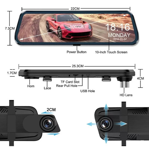 Dashcam 10'' Retrovisor Cámara Grabadora Trasera Y Frontal