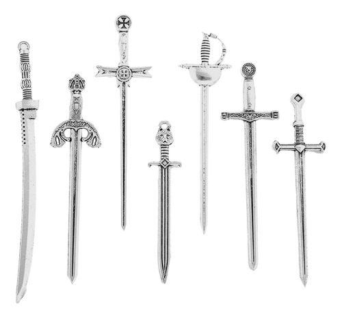 * 7 Peças Mini Pingentes De Espada Antigos, Amuletos De