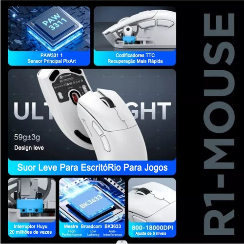Para Mouse Para Jogos Attack Shark R1 De 18.000 Dpi,
