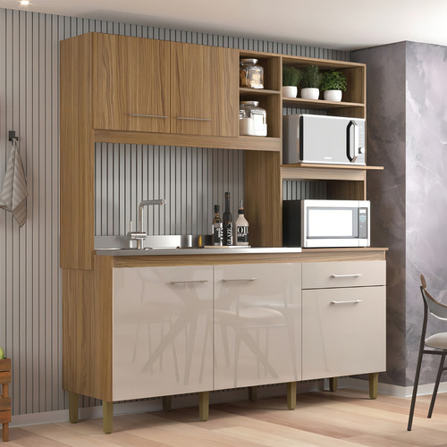 Cocina compacta de 5 puertas y 1 cajón IPê/Cristalo, color decibal, marrón claro