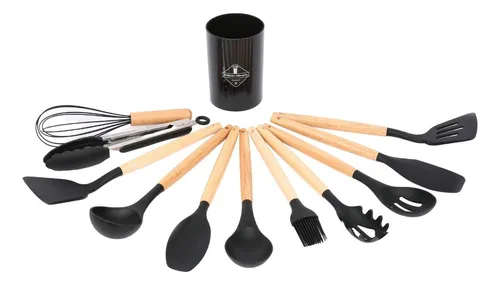 Set X6 Utensilios Cocina Silicona Antiadherente Mango Madera