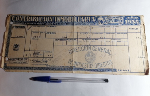 Antiguo Recibo. Contribución Inmobiliaria Montevideo 1954