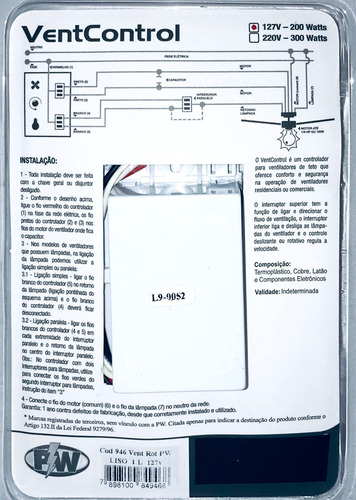 Variador Dimmer Rotativo Ventilador Teto, 1 Interruptor 127v