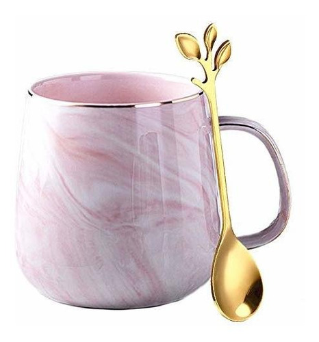 Ceramic Coffee Mug With Leaves Spoon, 12oz Marble Coffee Cup