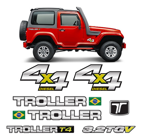 Kit Adesivos Troller T4 2013 4x4 Diesel Emblemas Resinados