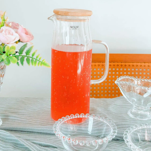 Jarra De Suco Água Em Vidro Resistente Com Tampa Bambu 1,1l