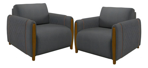 Kit Poltronas Para Sala De Estar Pés De Madeira Base Fixa Flora M03 Linho Chumbo