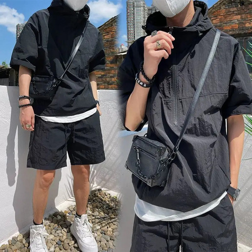 Camisa Cargo Set De Manga Corta Con Capucha Y Pantalones Cor