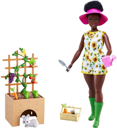 Boneca Barbie Negra Curvy Jardinagem Com Coelho Mattel