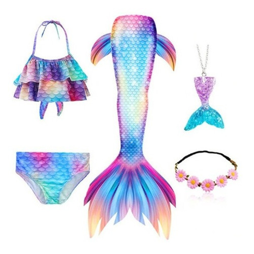 Traje De Baño Para Niñas Sirena Con Cola Multicolor 5 Piezas