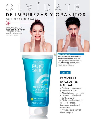 Imagen 2 de 4 de Gel Facial 2 En 1 | Exfolia Y Purifica | Pure Skin Oriflame