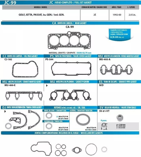 Juntas De Motor Empaques Golf Jetta A3 2.0 1992 1993 1994 1995 1996 1997 1998