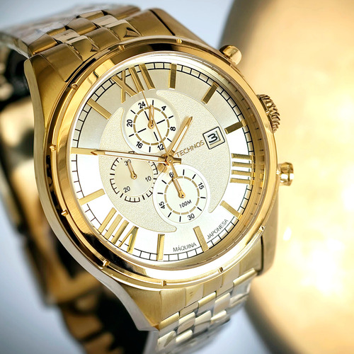 Relógio Technos Masculino Banhado A Ouro Cronógrafo Js15fw Correia Dourado Bisel Dourado Fundo Branco