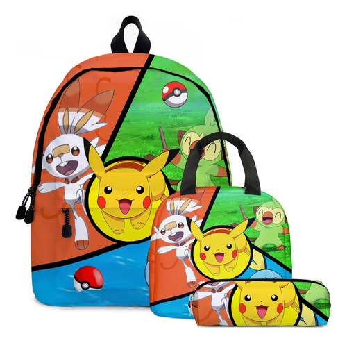 3pcs Pokémon Pikachu Mochila Escolar Lonchera Bolsa De Lápic