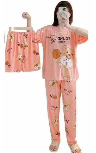 Pijama Con Short Y Pantalón Fresca Estampada De Osito
