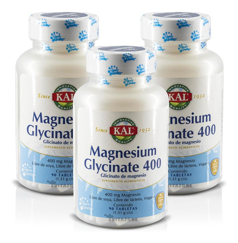 Glicinato De Magnesio 3 Frascos De 90 Tabletas Kal Vegano