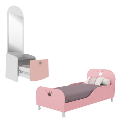 Combo - Kit De Mini Cama Infantil + Mesa De Luz Con Espejo