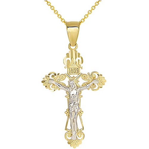 Collar Con Cruz Católica Romana De Oro Bicolor 14k