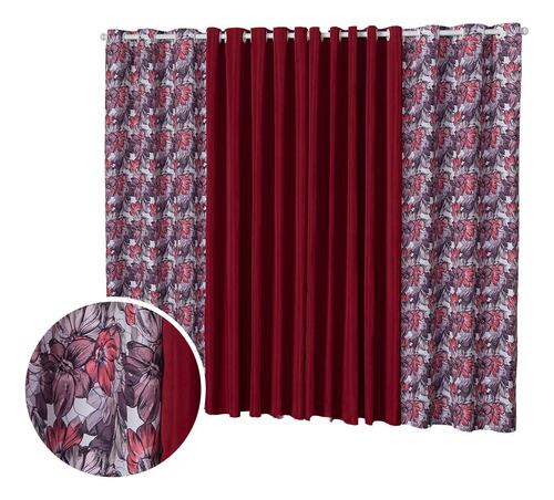 Cortina Floratta 3,00 X 2,20m Sala Quarto Estampada Floral Cor Vinho