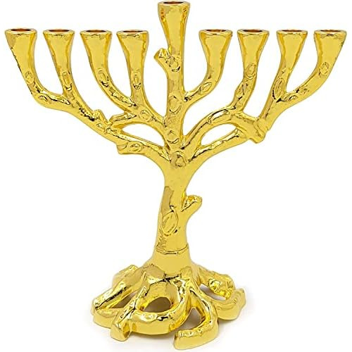 Menorah De Hanukkah Árbol De Vida, Acabado Oro Hanukka...