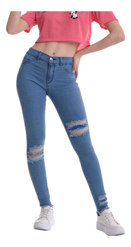 Jeans Tiro Alto Chupin Elastizado Rotura Mujer Celeste