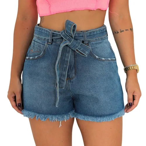 Short Jeans Feminino Cintura Alta E Lycra - Moda Premium