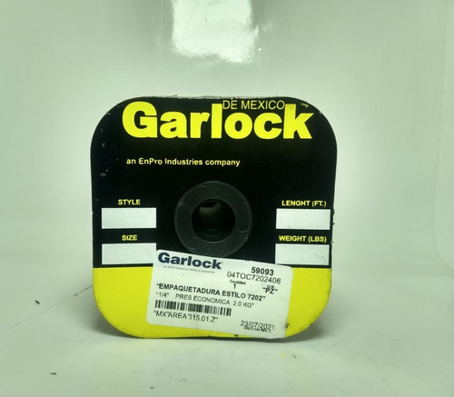 Empaque Trenzado Grafitado Garlock De 1/4 Estilo 7202