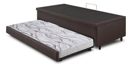 Bicama Box Baú Solteiro Courino Linho Marrom 88x188 Com Colchão Auxiliar Ecoflex