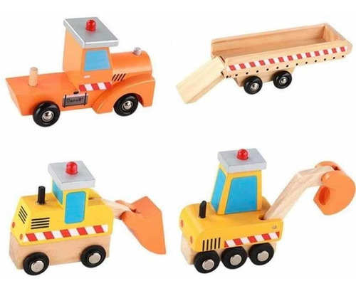 Juguete Madera Camión Rampa Autos De Construcción Niños Color Naranja