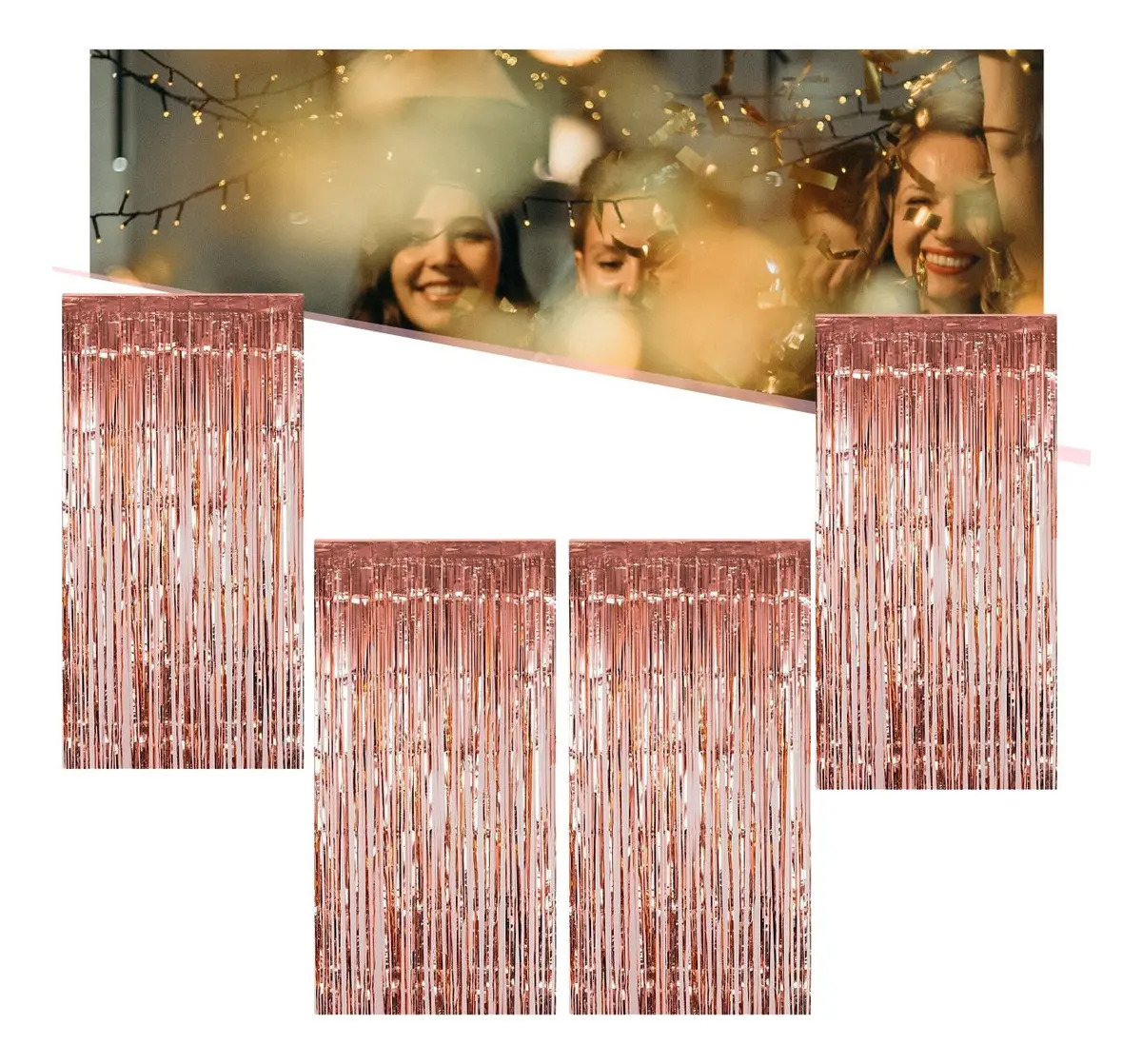 Kit C/ 4un Cortina Metalizada Fitas Para Decoração Franja Cor Rose Gold