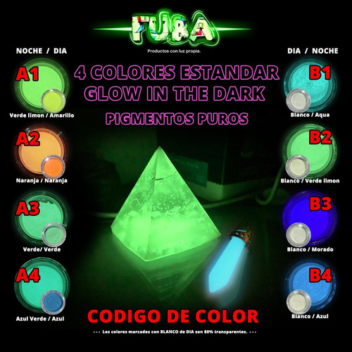 4 Colores 20gr - Pigmento Polvo Glow In The Dark - Fuba -