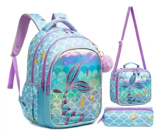 Set Mochila Escolar Impermeable Para Niña Primaria Con Lonchera, Lapicera Y Dibujo De Océano Sirena