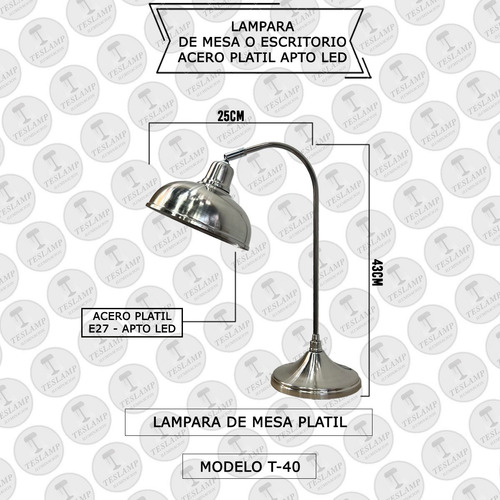 Imagen 2 de 8 de Lampara Velador Mesa Escritorio Acero Platil Apto Led