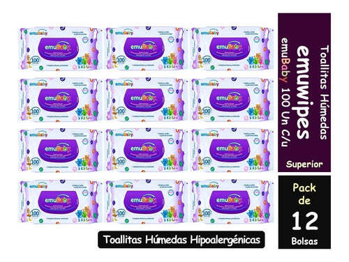 Toallitas Humedas Emuwipes Superior 100 C/u Pack X 12 Bolsas
