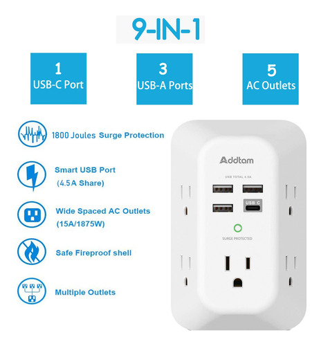 Cargador De Pared Usb Con 5 Tomas Y 4 Puertos De Carga