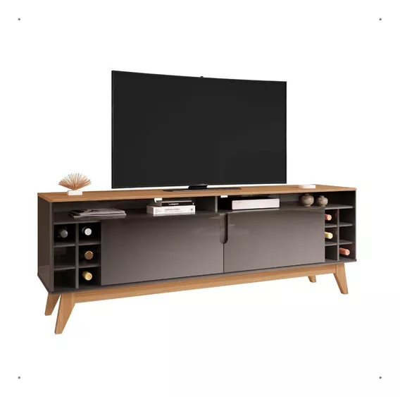 Rack Home Tv 60  Nicho Organizador Adega Vinho Sala Quarto Cor Cinza Perola/noce