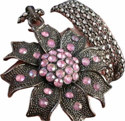Luli Collar Cadena Colgante Metal Y Cristal Rosa Flor