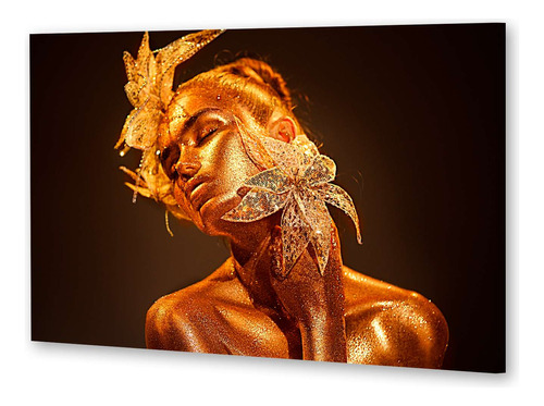 Cuadro 30x45cm Mujer Oro Make Up Estetica Hojas Brillo