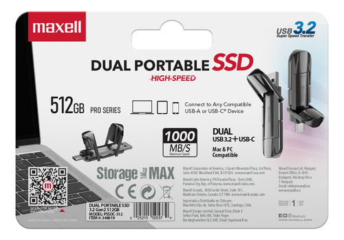 Disco Ssd Externo Maxell 512gb 3.2 Dual Usb-c 1000mb/s Gris Oscuro