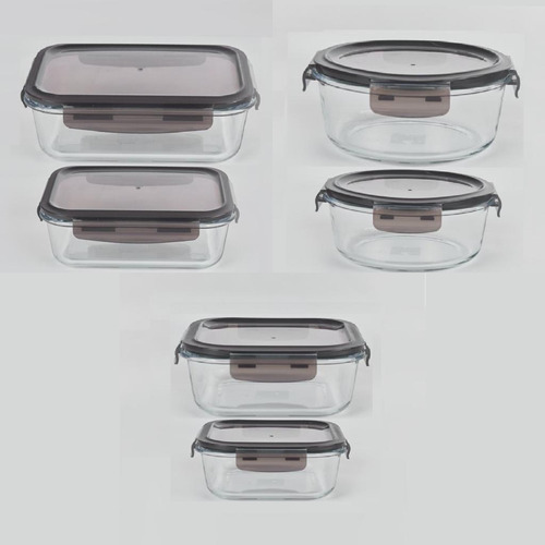 Kit 6 Recipientes Vidrio Pirex Horno Microondas Frezzer Color Gris