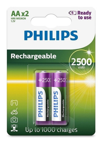Imagem 1 de 2 de Pilha Recarregavel Philips Aa 2500 Com 2 Und Rtu Original Nf